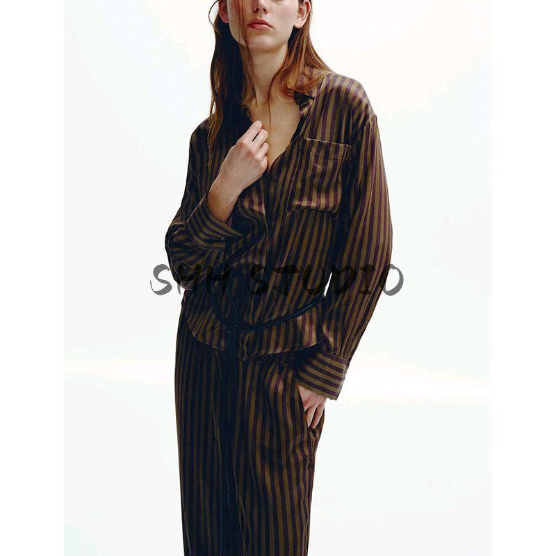 Spring New Women's Clothing Casual Pants 2298425 Stripes Print Silk Satin Textured Shirt 2298056