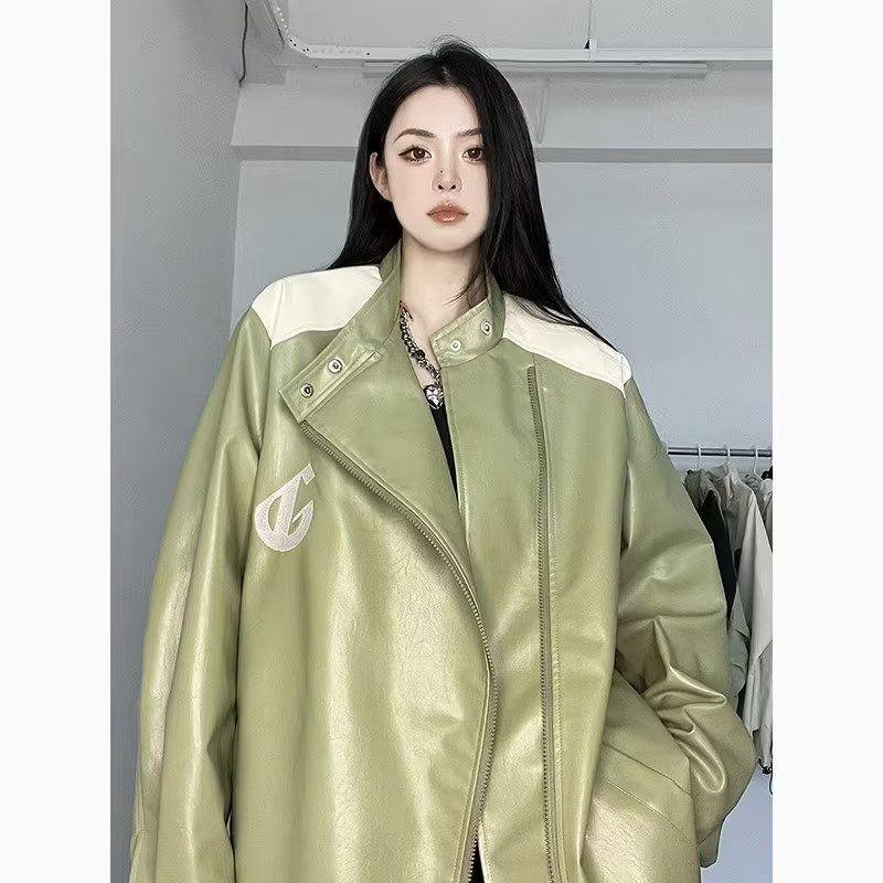 

Women s Retro Green PU Leather Jacket - American Street Style XL зелений