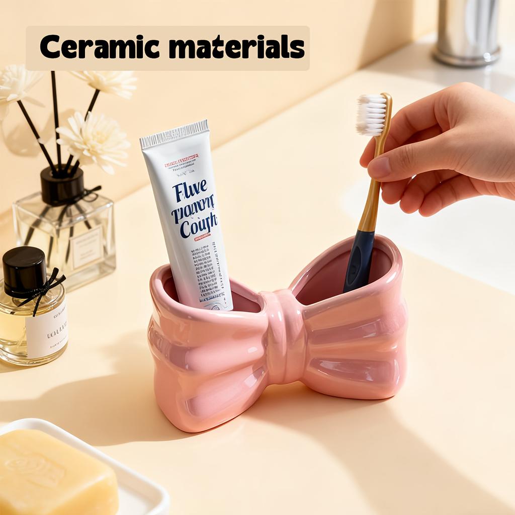 1PC Creative Ceramic Cute Bow Electric Toothbrush Holder Bathroom Wash Table Decorative Toothpaste Toothbrush Storage Ornament