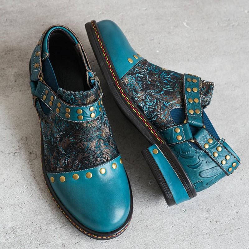 Johnature Four Seasons Pumps Retro Printed Ethnic Style Genuine Leather Comfortable Women's Low Heel Shoes