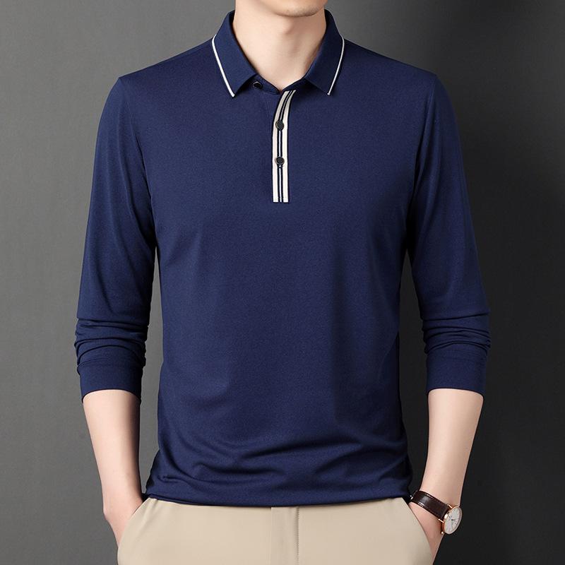 Spring and Autumn Men's Polo Shirt Long-sleeved T-shirt Loose Lapel Bottoming Shirt Solid Color Top for Men