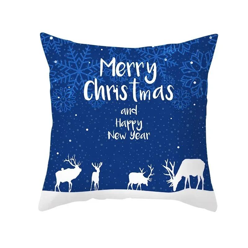 Blue Christmas Cushion Cover Christmas Elk Snowflake Print Pillowcase Sofa Ornaments Bedroom Home Decor New Year Gift