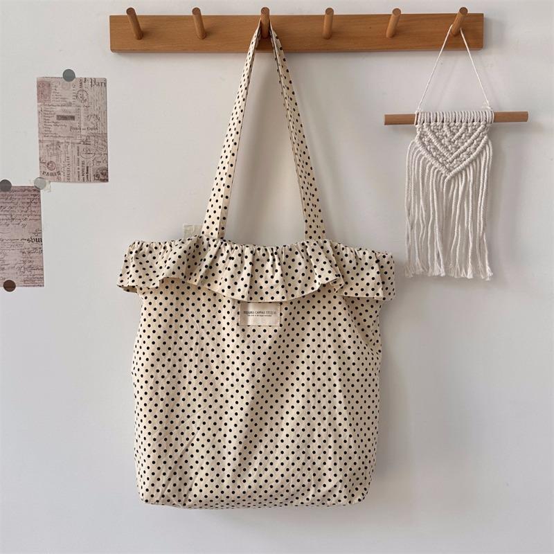 Korean Ins Polka Dot Lace Canvas Bag Women's Shoulder Large Capacity Tote Bag Student Class Commuter Bag