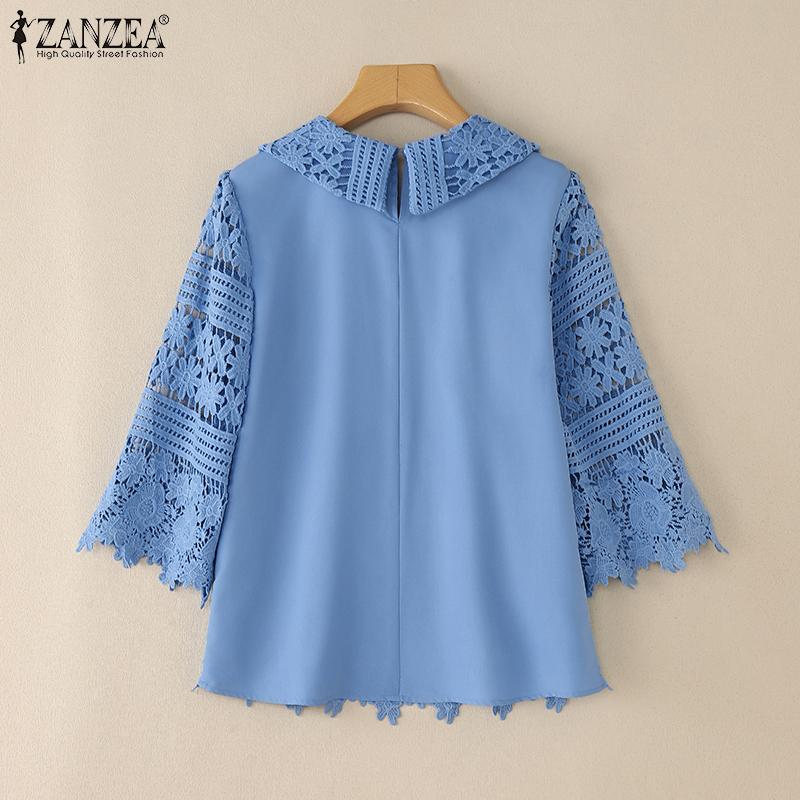 ZANZEA Womens Summer Casual 3/4 Sleeve Patchwork Embroidered Lace Blouse