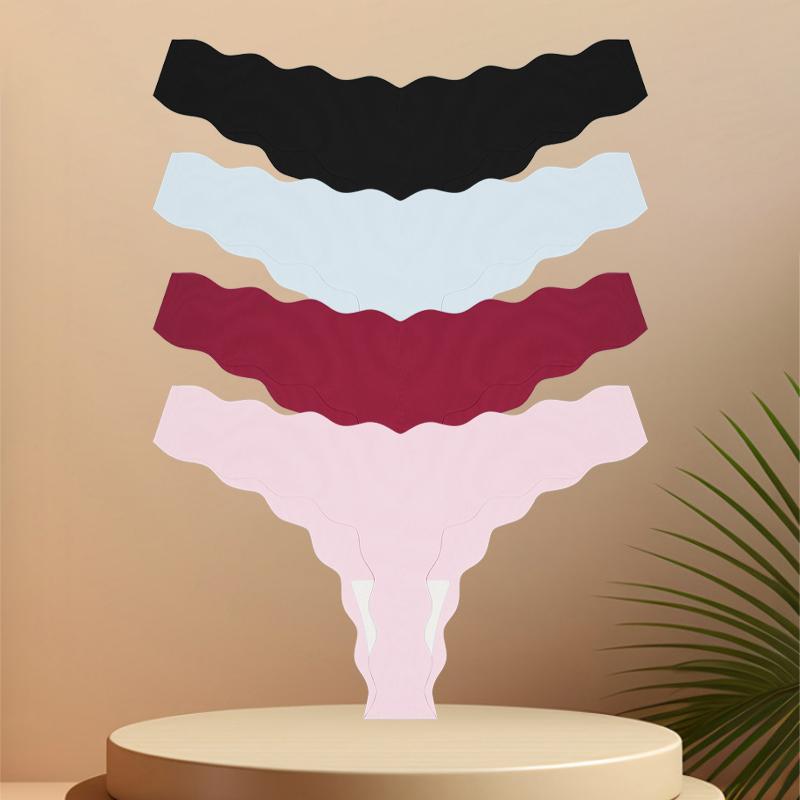 4 Stück Nahtlose Damen-Tangas Sexy Eisseide Wellengürtel Höschen Niedrige Taille Unsichtbarer G-String Dehnbarer T-Rücken Atmungsaktive Lingerie
