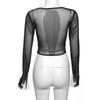 Women's Black Mesh Long Sleeve Corset Top, Square Neck Sheer Boned Crop Top for Streetwear & Party