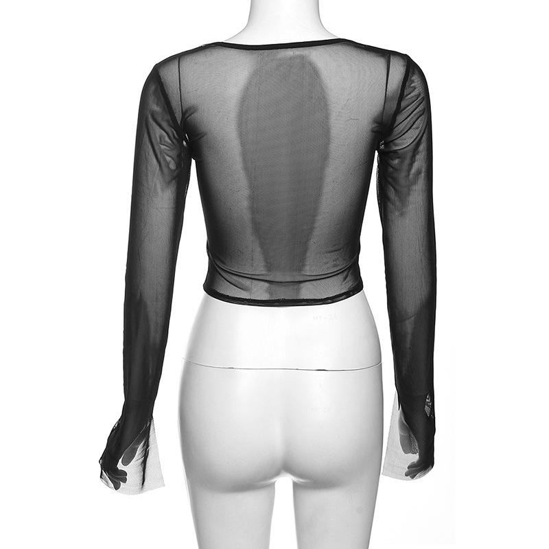 Women's Black Mesh Long Sleeve Corset Top, Square Neck Sheer Boned Crop Top for Streetwear & Party