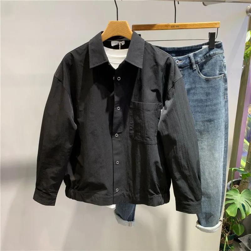 Pánská jarní jednoduchá ležérní pohledná pracovní košile jednobarevná klopa volná bunda