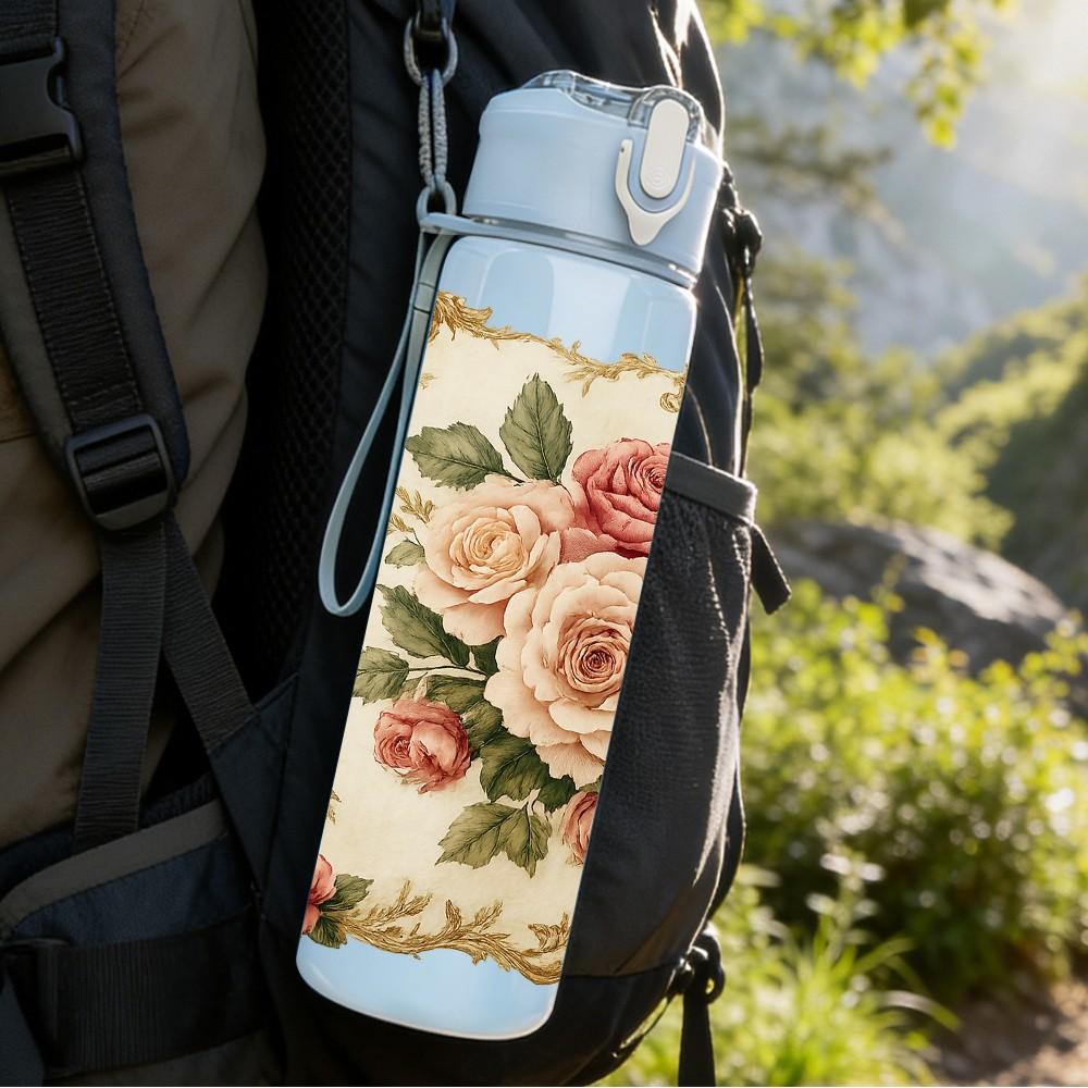 1PC Vintage Rose Floral Pillow 750ml Color Plastic Sports Water Bottle Leakproof Flip Straw Lid Suitable for Sports Office Home Use