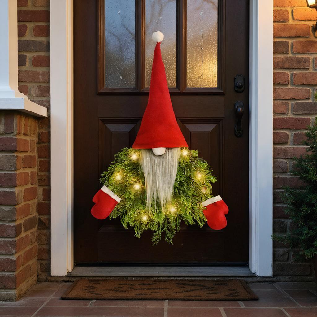 Gnome Christmas Decoration Door Wreath W/LED Light Artificial Advent Wreath Christmas Door Wreath for Front Door Window Wall