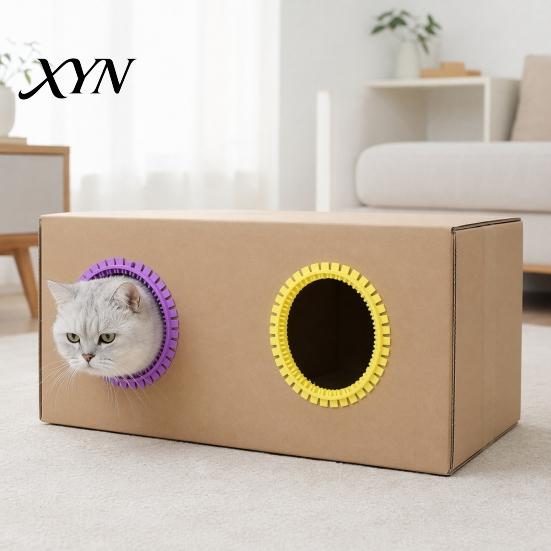 Tunnel Toy Cat Self Groomer for Cardboard Boxes, DIY Grooming Brush Hair Reduction Ring, Hands-Free Massage Comb House Door Hole