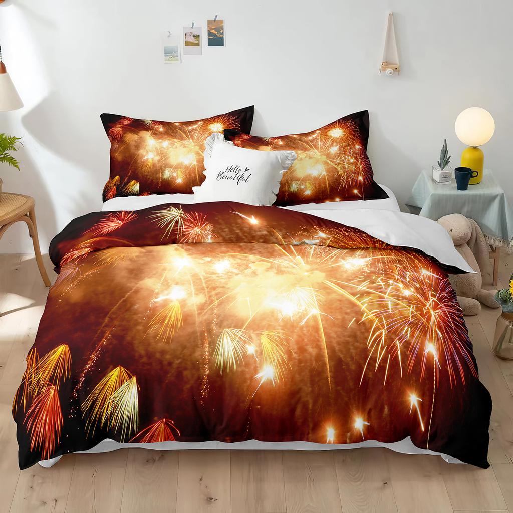 Blue Fireworks Duvet Cover Set 3D Romantic Theme Beautiful City Night New Year Festival Accessories for Kids Teens Bedroom Decor