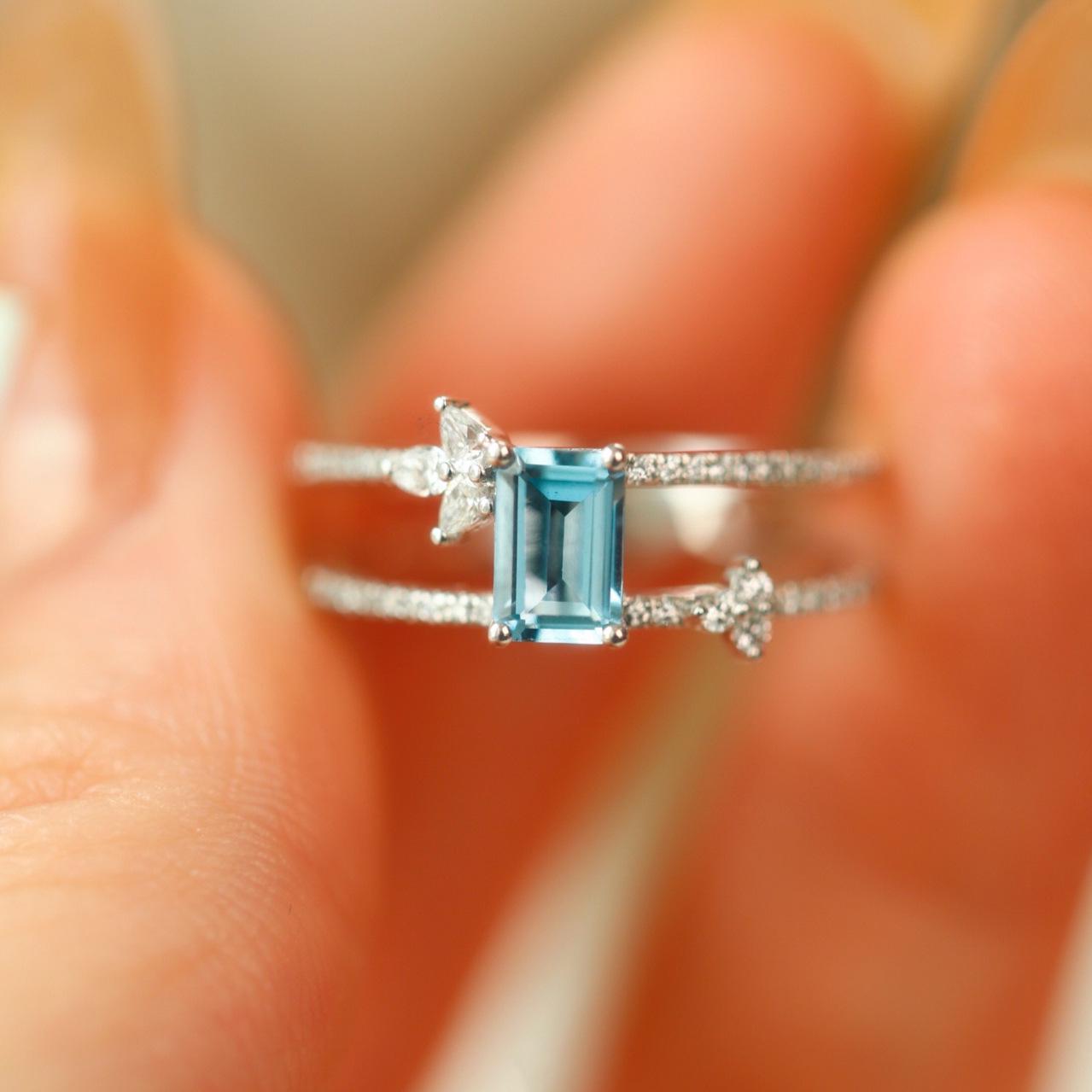 S925 Sterling Silver Women s Aquamarine Square Ring - Light Luxury Blue Design Adjustable Opening
