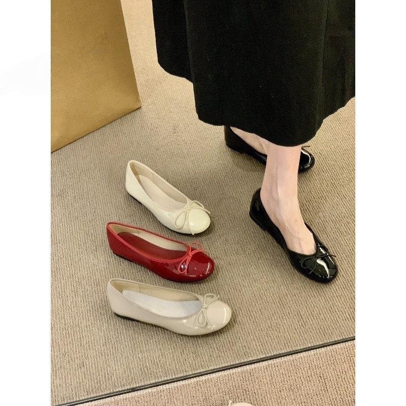 Round Head Patent Leather Single Shoes Summer Bow Flat Bottom Red Shoes Ladyshoes