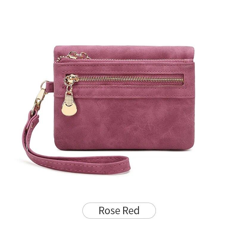 

Vintage Small Double Folding Zipper with Wrist Strap Short Wallet PU Leather Portable Multi Card Wallet with ID Window R978-RoseRed