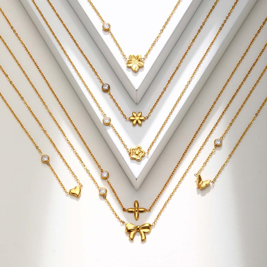 Dainty Zircon Bowknot Flower Heart Pendant Necklace for Women, Stainless Steel Gold Plated Charm Necklace, Chic Luxury Jewelry