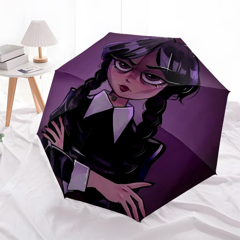 1pc Wednesday Addams Automatic Open/Close Umbrella - Compact Travel Umbrella with 8-Rib Durable Frame, Lightweight & Portable for Commuting, Fashionab