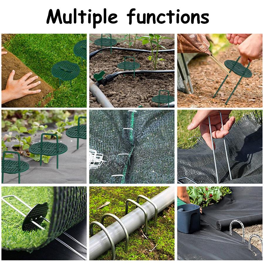 20Pcs U-Shaped Garden Stakes & 20Pcs 3-Hole Washers Turf Nails for Securing Weed Tents & Lawn Turf Outdoor Landscaping Anchors