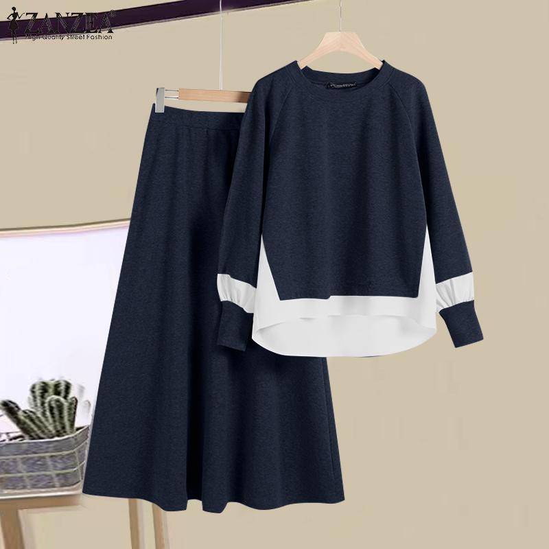 ZANZEA Damen Vintage Rundhalsausschnitt Fake Zweiteilige Langarmbluse Hosen Sets