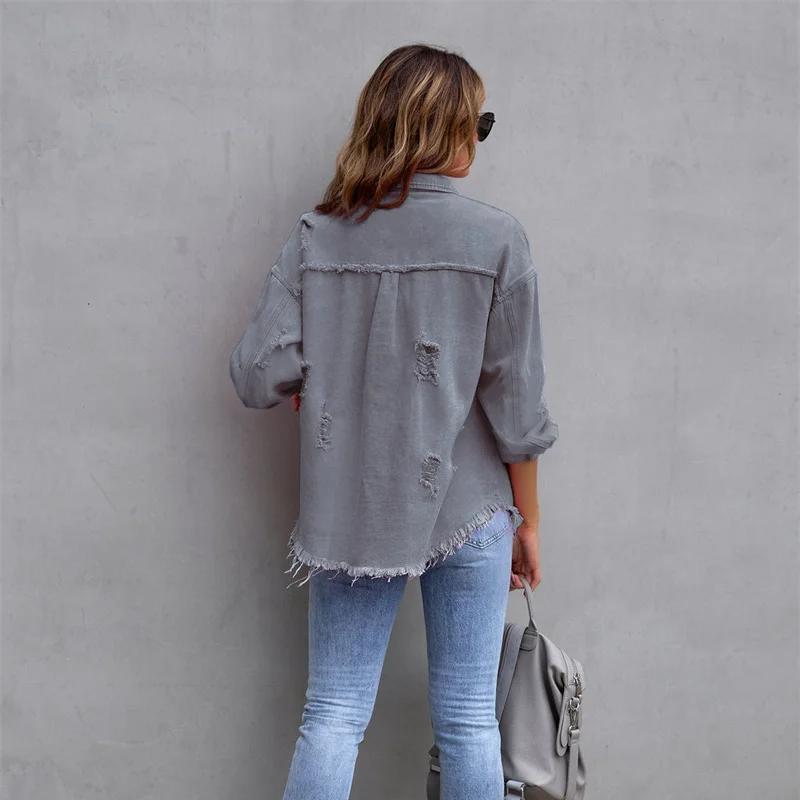 VAYLA Holes Raw-edges Denim Jacket Women Spring Autumn Shirt Style Jeancoat Casual Top Rose-Red Orange Purple Outerwear Lady Coat