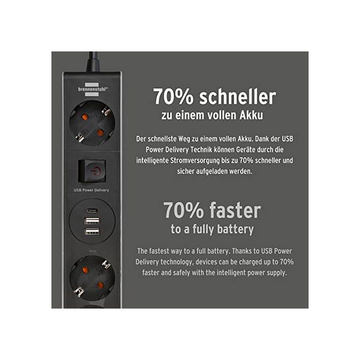 Multiprise - BRENNENSTUHL - 5 prises - USB Power Delivery - Interrupteur - Gris/Noir