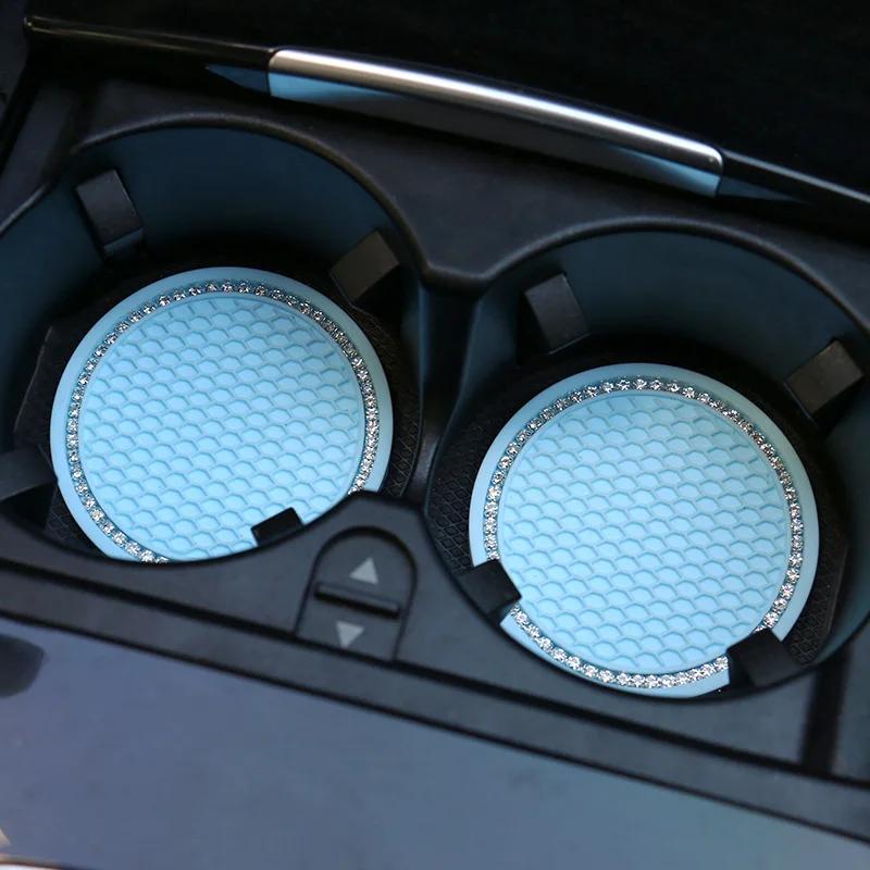 2pcs Cute Bling Car Cup Holder Coaster Mat with Rhinestone for Women Girl Universal Anti Slip Automotive Interior Amagi