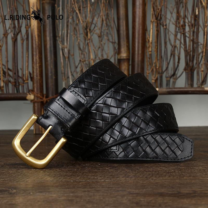 Trendy, Retro, Stylish, Versatile, Top-grain Pure Cowhide Woven Belt for Men, Genuine Leather, Copper Buckle, Woven Denim Belt