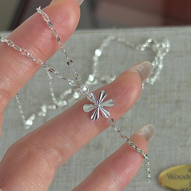 Korean Fashion S925 Silver Sparkling 6 Petal Flower Necklace Elegant Dainty Carved Floral Choker Starry Chain Jewelry for Women 40+5cm