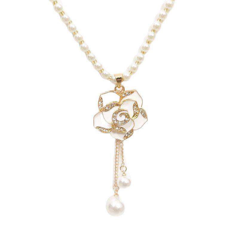 Elegant Women's Tassel Camellia Pearl Sweater Necklace
