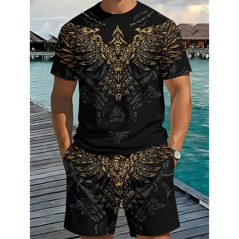Fashion Men's Casual Suit 3D Casual Color Printing Summer T-shirt Shorts Simple