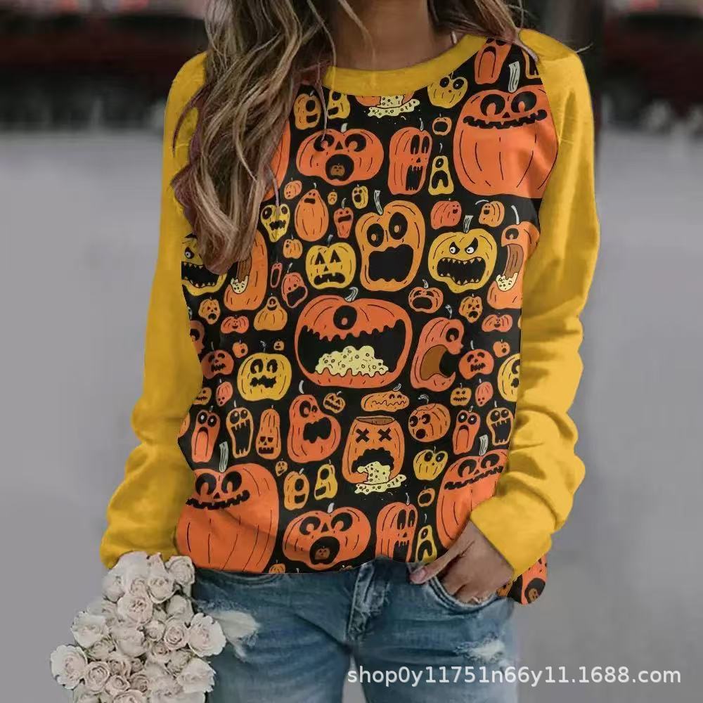 New Halloween Ladies Sweater 3D Digital Printing Pumpkin Bat Dark Pattern Crew Neck Long Sleeve Top