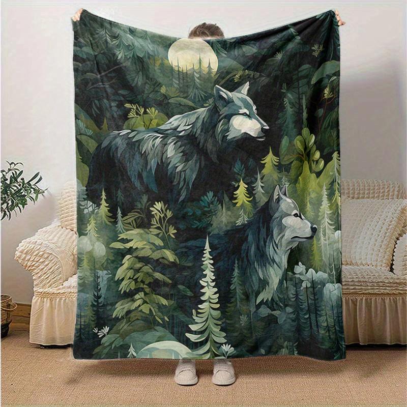 1pc Two Wolves in the Forest Blanket  Soft and Cozy Home Decor Gift for Friend, Suitable for All Seasons, Living Room, Travel, Camping