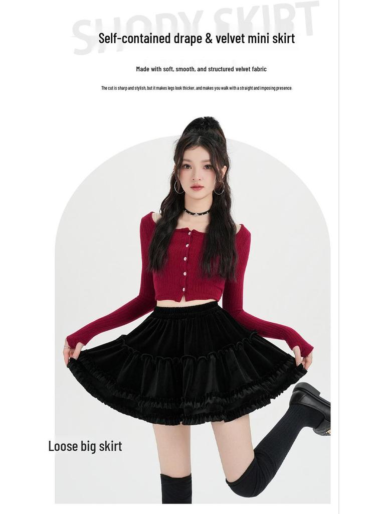 High-Waist Velvet A-Line Fluffy Skirt for Women - Autumn/Winter Collection
