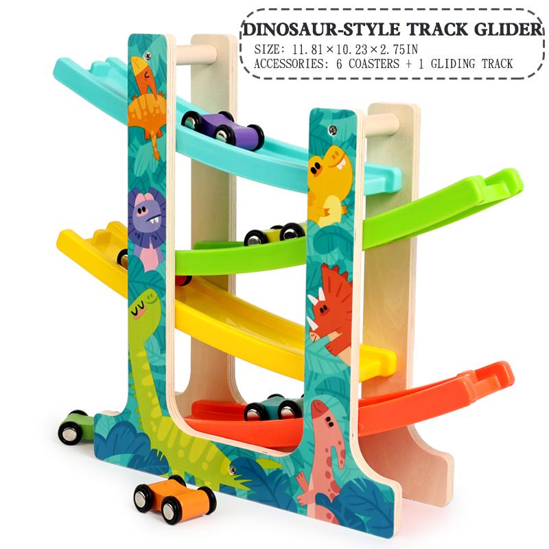 

Детский Монтессори Рамп-рейсер Гоночный 4-полосный с 6 Мини-деревянными машинками DIY Строительные блоки Мультяшный трек Скоростная игра с машинками Подарок на день рождения
