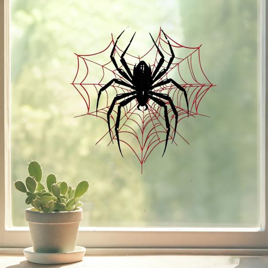 Static Glass Sticker, Reusable Halloween Window Decal, Black Spider Red Web Pattern Window Sticker for Home Store Kindergarten Decor