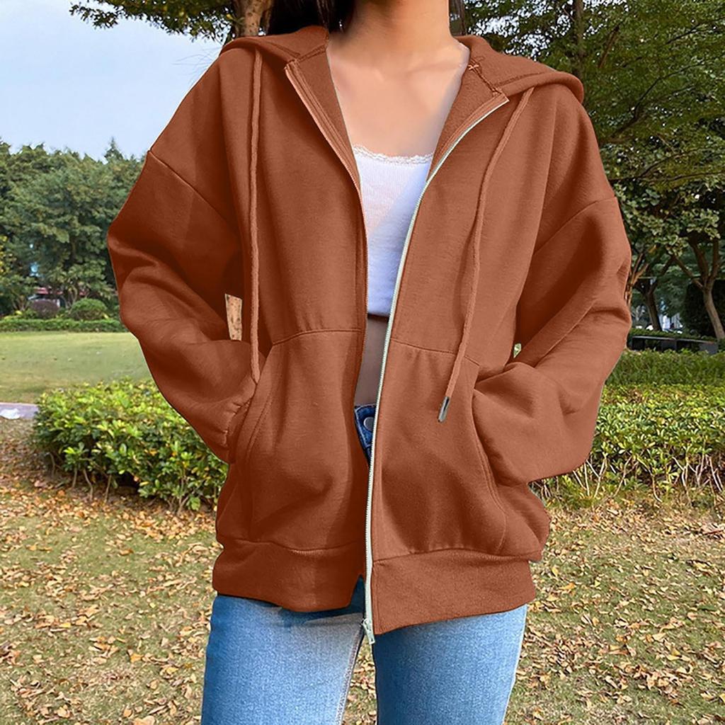 Women's Fashion Casual Solid Color Sweatshirt Autumn/Winter Long Sleeve Pocket Cardigan Jacket Zipper Hoodie Coat
