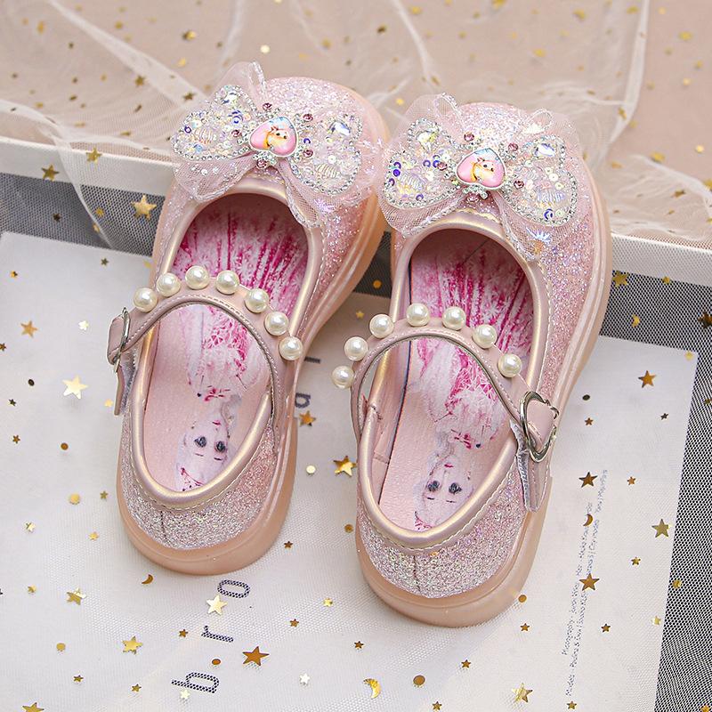 Girls' leather shoes with lights 2025 spring and autumn new children's bow rhinestone princess shoes baby girl soft sole single shoes tide