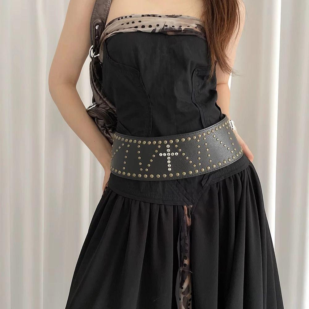 Y2k Leather Waist Belt Wide Women's Dress Belt Retro Cross Rivet Belt Waist Accessories