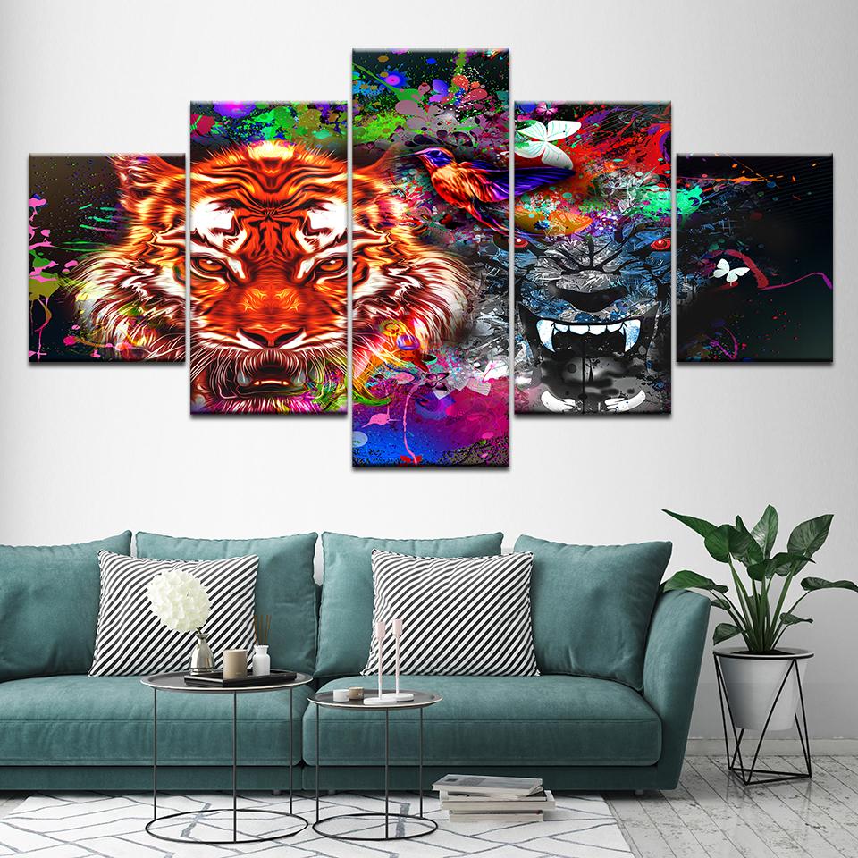 Canvas Painting Tiger and Panther with Splashes 5 Pieces Wall Art Painting Modular Wallpapers Poster Print Home Decor