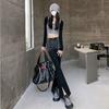 High Waist Black Horn Jeans New Hip Wrap Versatile Slim Slim Slim Split Fork Gradual Change Trend Long Pants