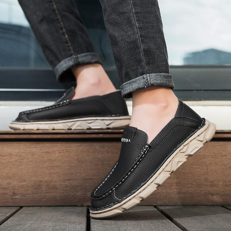 Fashion Mens Genuine Leather Business Leather Shoes Thick Soled Comfortable Slip-on Lazy Shoes Quality Handmade Stitching Casual Loafers