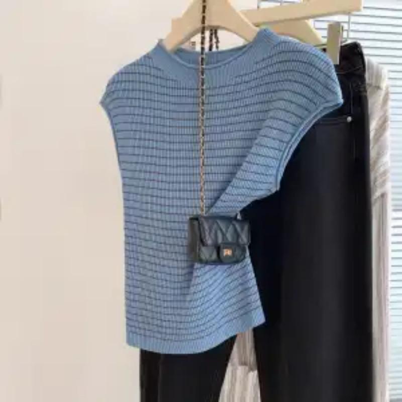 Women Blue Textured Knit Sleeveless Top Casual Crew Neck Blouse S синий