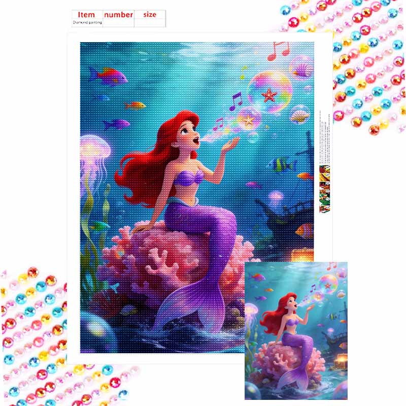 Disney Little Mermaid Diamond Paint Mosaic Art Painting Kit Handmade DIY Home Decor Ocean Underwater Princess Music Bubbles Art Round 20x30cm
