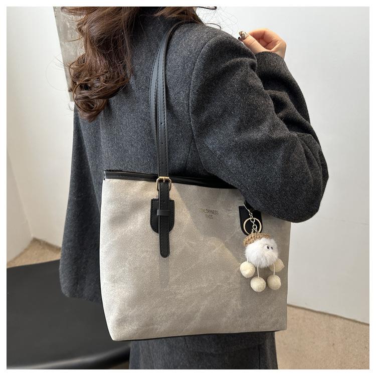 Simple Solid Color Tote Bag Women Large Capacity Faux Leather Shoulder Handbag Urban Commuter Bucket Purse