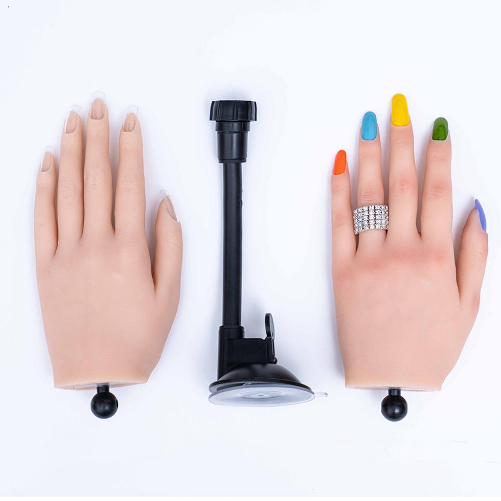2pcs Nail Art Practice Hand Bendable Joints Silicone Nail Training Hand with Suction Cup Stand Nail Tips