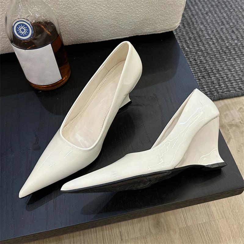 Pesstwei Spring Sexy High Heel Pointed-Toe Wedge Heel Women's Leather Shoes Silver Red Wedding and Banquet Shoes Size 40