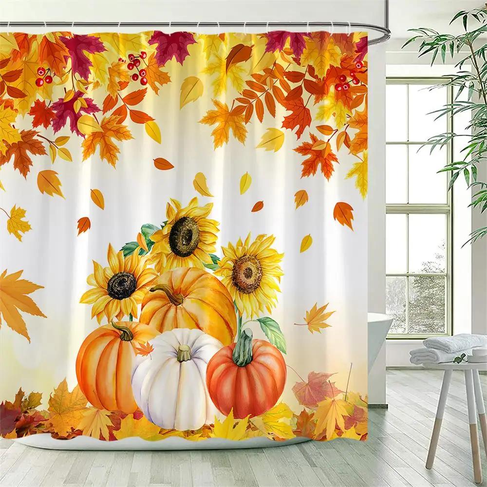 Fall Maple Leaves Shower Curtains Rustic Farm Truck Sunflower Pumpkin Squirrel Autumn Thanksgiving Bathroom Decor Set With Hooks