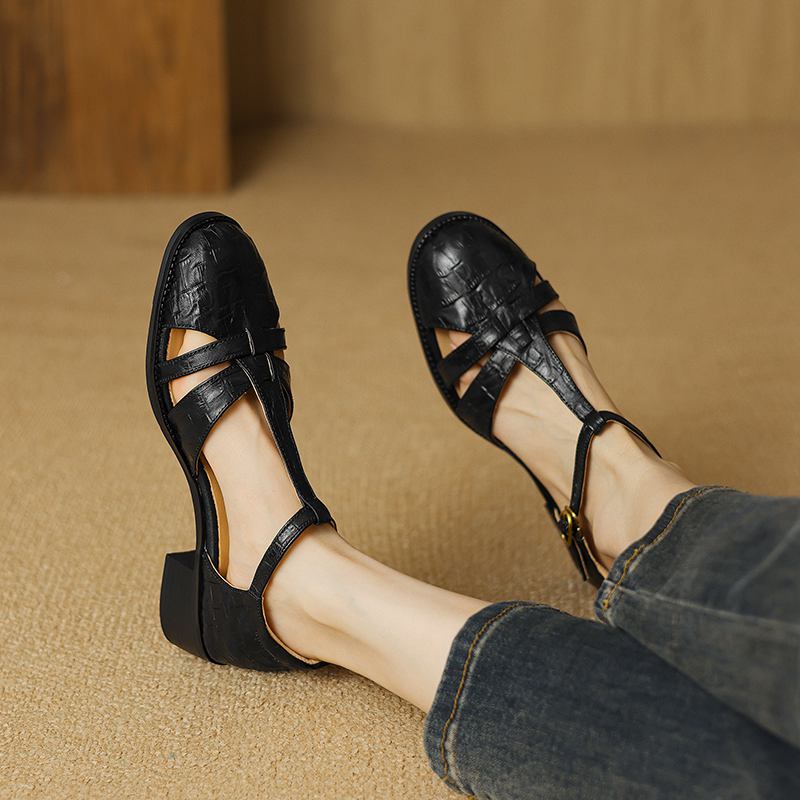 Krazing Pot Sheepskin Buckle Straps Round Toe Med Heels Autumn Summer Prints Leather Mary Janes Women Pumps