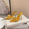 Fashion Fashion Gold Silver High Heels Slippers Women Leather Flowers Designer Sandals Sexy Pointed Toe Summer Party Dress Shoes