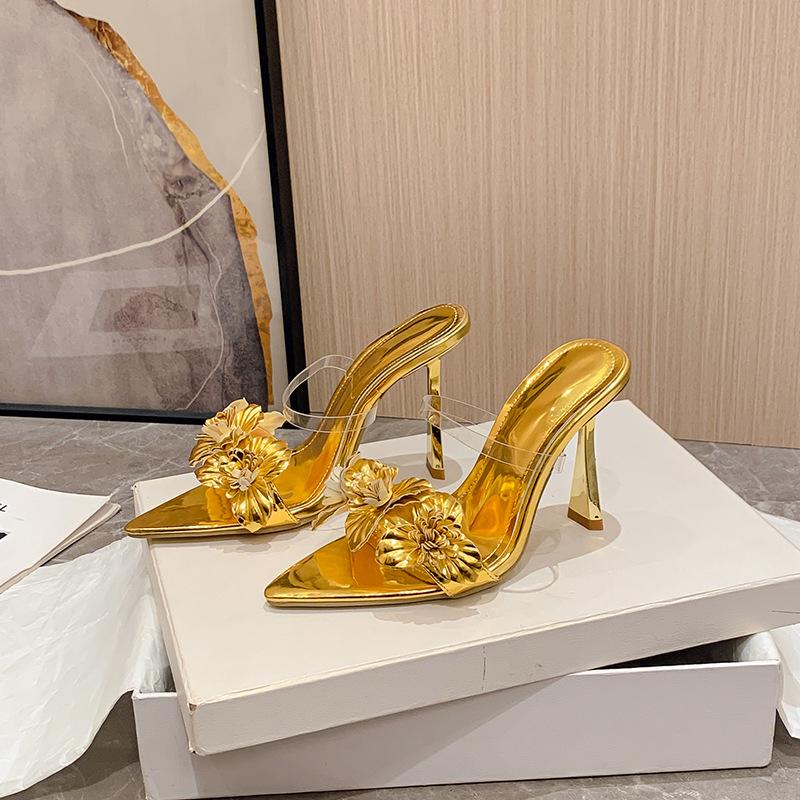 Fashion Fashion Gold Silver High Heels Slippers Women Leather Flowers Designer Sandals Sexy Pointed Toe Summer Party Dress Shoes